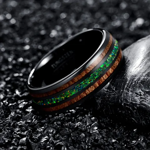 Anillo de Carburo de Tungsteno para Hombre Con Incrustaciones de Madera de Acacia y Ópalo Azul Verdoso 8mm Alianza Negra Pulida
