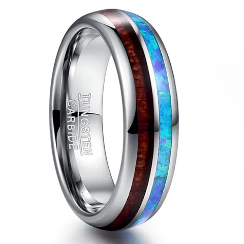 6mm Domed Tungsten Steel Ring Inlaid With Blue Opal And Acacia Wood Polished Comfort Fit Finger Band For Men And Women Jewelry