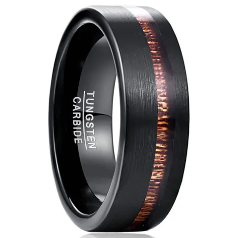 8mm Wide Black Matte Tungsten Steel Ring For Men With Acacia Wood Inlay Brushed Finish Vintage Wedding Band Finger Jewelry