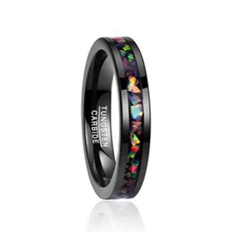 Bague en Carbure de Tungstène Noir Avec Incrustation d'Opale de Feu Comfort Fit Alliance pour Hommes Femmes Unisexe Bijoux