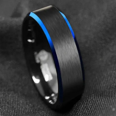Black Matte Tungsten Carbide Ring For Men With Blue Beveled Edge Vacuum Plated Brushed Finish Band Ring Male Fashion Jewelry Accessory