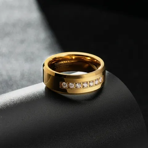 Gold Plated Tungsten Steel Ring For Men Inlaid Zirconia Band Fashion Wedding Finger Jewelry Engagement Party Ring