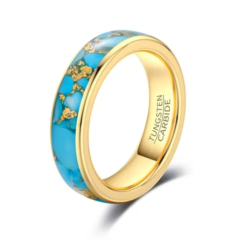 Unisex Tungsten Steel Inlaid Turquoise Ring Gold Line Polished Band Ring Fresh Natural Style Polished Wedding Ring For Men Women