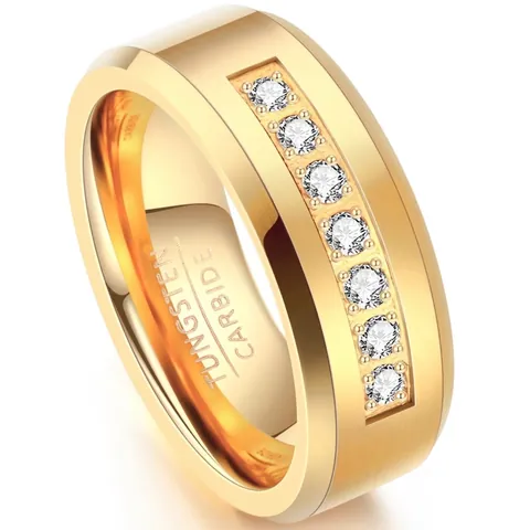 Gold Plated Tungsten Steel Ring For Men Inlaid Zirconia Band Fashion Wedding Finger Jewelry Engagement Party Ring