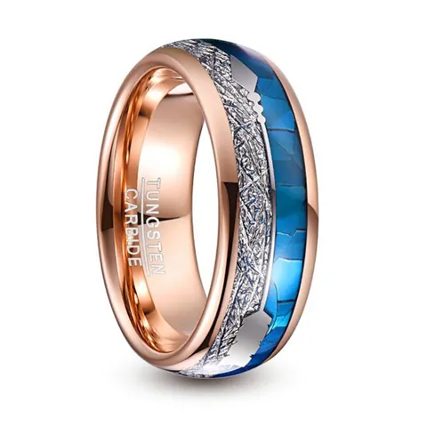 Men Rose Gold Plated Tungsten Carbide Ring Blue Shell Inlay Meteorite Pattern Band Ring Fashion Jewelry For Men Gift