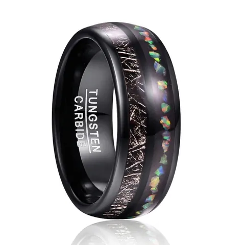 Bague pour Homme en Acier au Tungstène Électroplaqué Noir Avec Incrustation d'Imitation de Météorite et d'Opale Design en Dôme Bijoux de Doigt