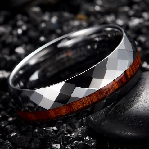 Anillo de Carburo de Tungsteno para Hombre Diseño Facetado Incrustación de Veta de Madera Anillo de Banda Vintage Joyería Regalo Hombre