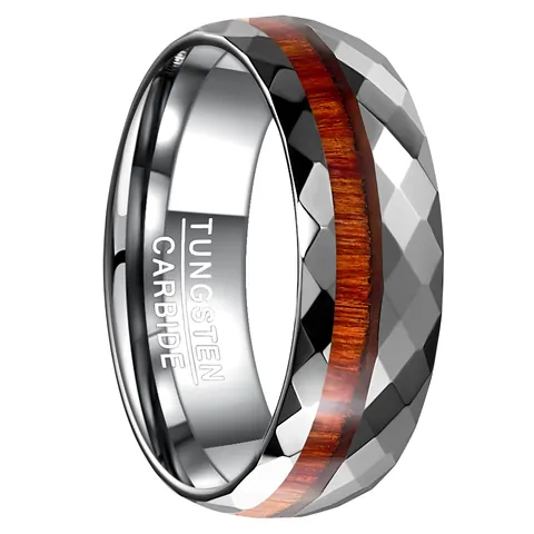 Anillo de Carburo de Tungsteno para Hombre Diseño Facetado Incrustación de Veta de Madera Anillo de Banda Vintage Joyería Regalo Hombre