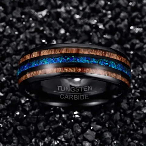 8mm Men's Tungsten Steel Ring With Acacia Wood And Blue Opal Inlay Polished Black Wedding Band Fashion Jewelry Men's Ring