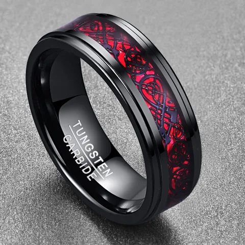 Men's Tungsten Steel Band Ring Black Electroplated With Red Celtic Dragon Pattern Beveled Edge Vintage Punk Style Jewelry For Men