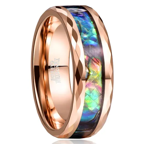 Men's Tungsten Steel Ring Rose Gold Plated Faceted Edges Colorful Abalone Shell Inlay Comfort Fit Fashion Finger Jewelry