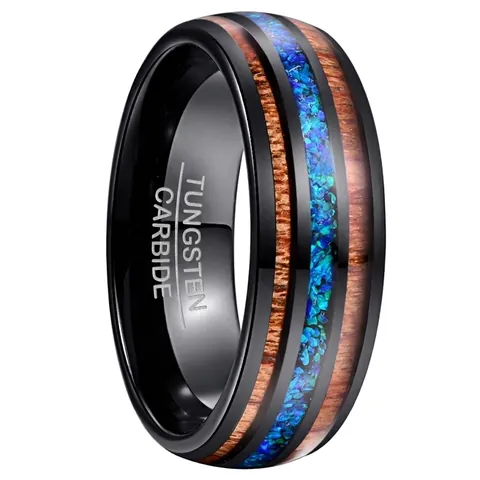 8mm Men's Tungsten Steel Ring With Acacia Wood And Blue Opal Inlay Polished Black Wedding Band Fashion Jewelry Men's Ring