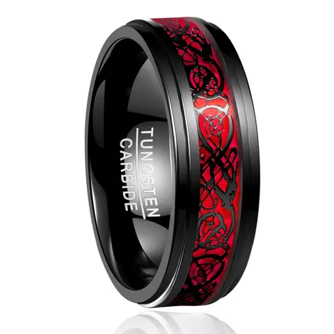 Men's Tungsten Steel Band Ring Black Electroplated With Red Celtic Dragon Pattern Beveled Edge Vintage Punk Style Jewelry For Men