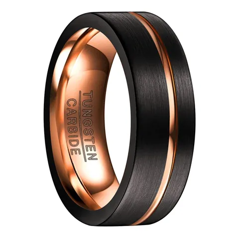 8mm Men Tungsten Carbide Ring Black Rose Gold Two Tone Brushed Finish Polished Band Ring Modern Men Jewelry