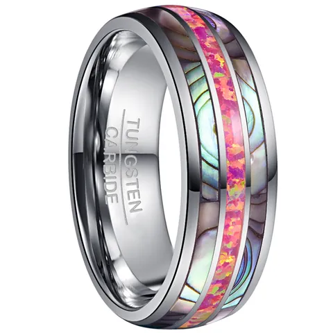 Men's Dome Tungsten Ring Inlaid Abalone Shell And Deep Magenta Opal Steel Color Polished Wedding Band Individual Finger Jewelry