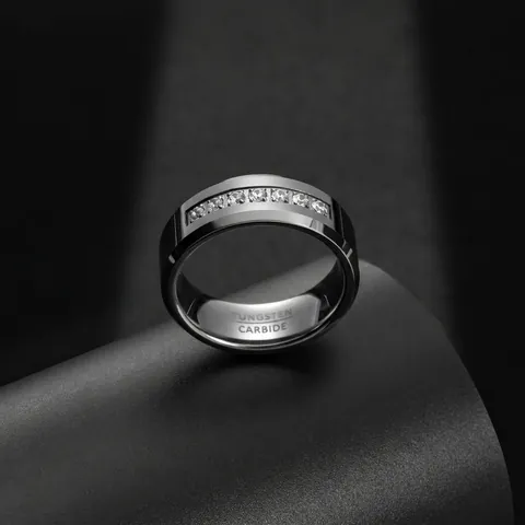 Men Tungsten Steel Ring Minimalist Silver Tone Inlaid Zirconia Band Ring Fashion Comfort Fit Finger Jewelry Wedding Party Anniversary