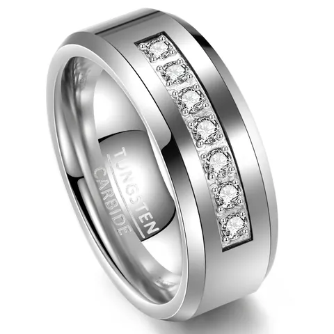 Men Tungsten Steel Ring Minimalist Silver Tone Inlaid Zirconia Band Ring Fashion Comfort Fit Finger Jewelry Wedding Party Anniversary