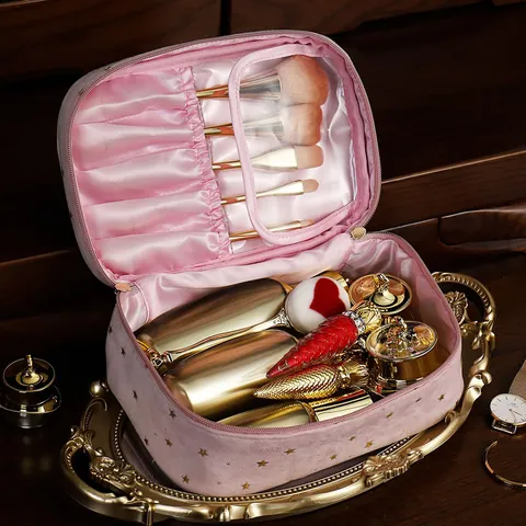 Portable Velvet Makeup Bag Set With Gold Stars Large Capacity Travel Cosmetic Bag Organizer Handbag For Women