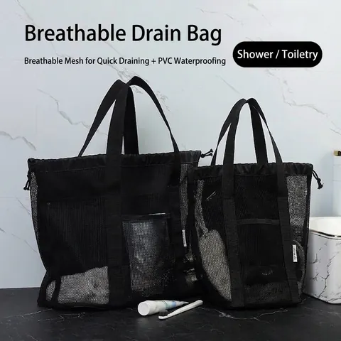 Große Kapazität Netz Strandtasche Tragbare Kordelzug Badezimmer Spielzeug Aufbewahrungstasche Atmungsaktiv Hohl Polyester Netz Organizer Für Reisen