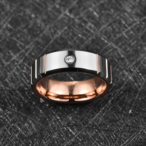 Polished Tungsten Carbide Ring For Men Rose Gold Interior Groove Inlaid Zirconia Minimalist Fashion Jewelry Wedding Band