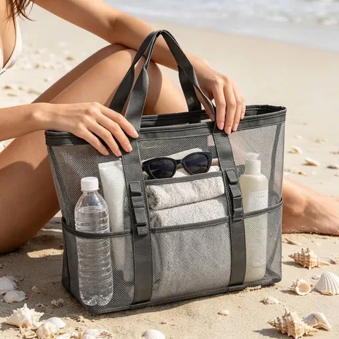 Bolsa de Playa de Malla de Gran Capacidad Secado Rápido Bolsa de Gimnasio Natación Multi-Bolsillo Bolsa de Almacenamiento de Viaje Portátil
