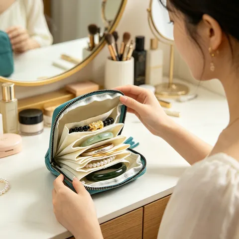 Bolsa Organizadora de Joyas de Terciopelo Portátil Estuche Multicapa con Cremallera y Borla para Bolso de Mujer Joyero