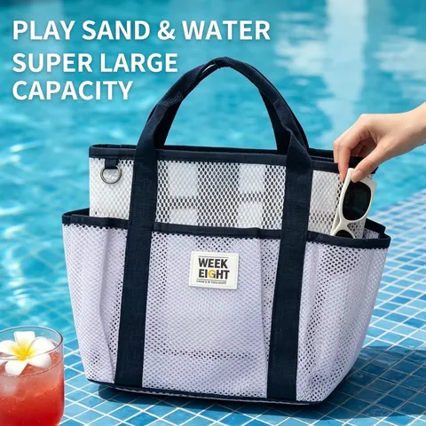 Sac de Plage en Maille Grande Capacité Sac de Rangement de Voyage Portable pour Piscine Sac de Toilette à Main Multifonctionnel pour Vacances Femmes Hommes
