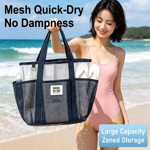 Sac de Plage en Maille Grande Capacité Sac de Rangement de Voyage Portable pour Piscine Sac de Toilette à Main Multifonctionnel pour Vacances Femmes Hommes