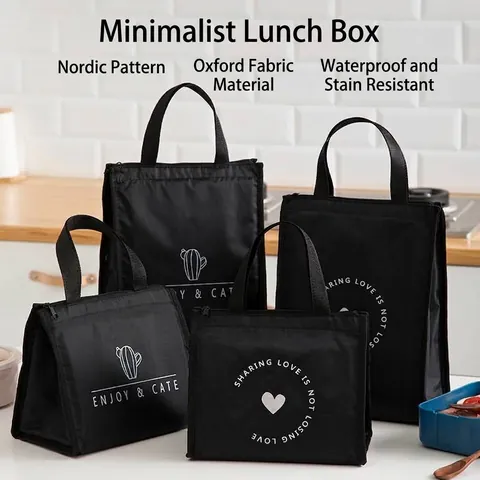 Borsa Termica per il Pranzo in Tessuto Oxford Nero Impermeabile Bento Bag con Stampa Cactus Cuore Picnic per Ufficio Scuola Donna Uomo Portatile