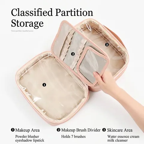 Trousse à Maquillage de Grande Capacité en Cuir PU Organisateur de Voyage Multifonction Sac de Rangement Cosmétique Femme