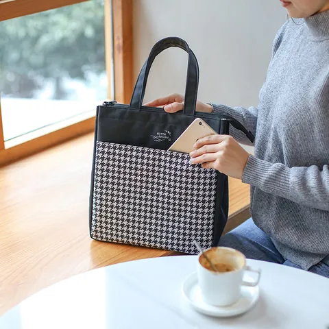Bolsa de Almuerzo Aislada Portátil Tela Oxford Bolsa Térmica Bento Para Picnic Al Aire Libre Oficina Escuela Bolsa de Pañales Estampado Pata de Gallo Rayas