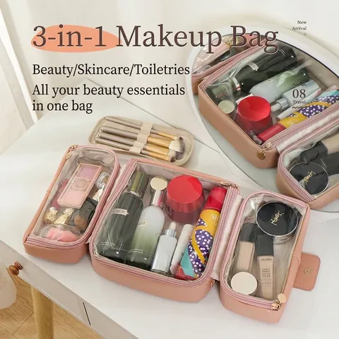 Large Capacity Makeup Bag Waterproof PU Leather Travel Toiletry Case Portable Cosmetic Organizer For Women Brushes Toiletries