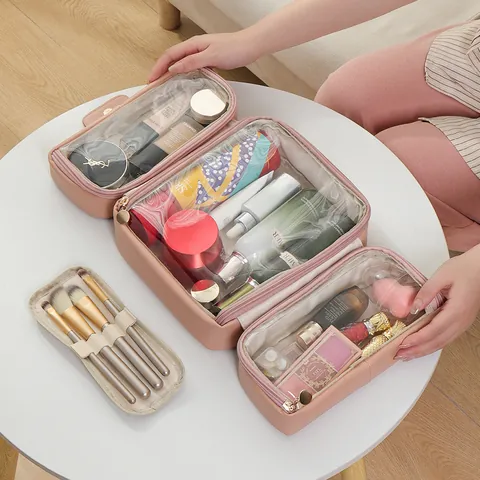 Large Capacity Makeup Bag Waterproof PU Leather Travel Toiletry Case Portable Cosmetic Organizer For Women Brushes Toiletries