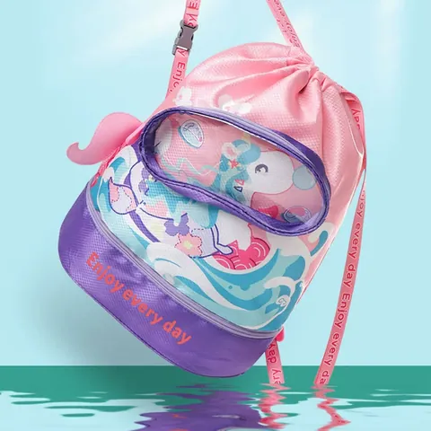 Kids Swimming Bag Dry Wet Separation PVC Beach Backpack With Shoe Compartment Cartoon Unicorn Pattern Outdoor Travel Bag