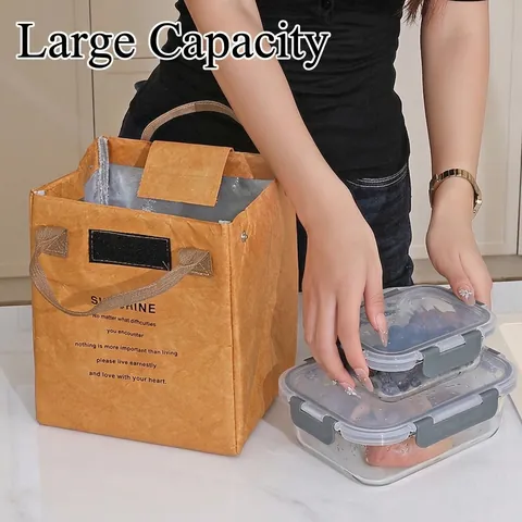 Japanese Minimalist DuPont Paper Thermal Lunch Bag Insulated Waterproof Portable Lunch Box Tote For Students Office Picnic