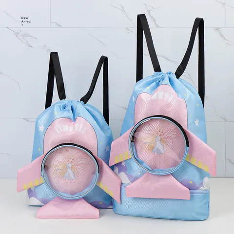 Cartoon Spaß Raketenform Kinder Schwimmtasche Trocken-Nass-Trennung Große Kapazität Wasserdichter Kordelzug Rucksack Reise Fitness Aufbewahrungstasche