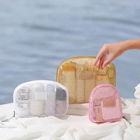 Portable Mesh Semi-Circular Makeup Bag Travel Toiletry Wash Pouch Minimalist Zippered Cosmetic Organizer For Women Girls