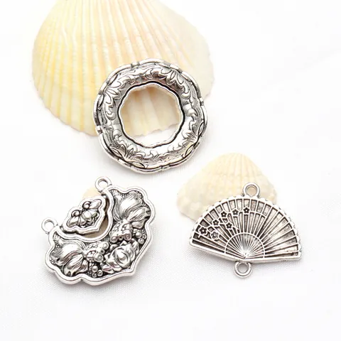 Vintage Antique Silver Alloy DIY Jewelry Charms Plum Blossom Fan Lotus Koi Fish Relief Pendants Findings For Jewelry Making