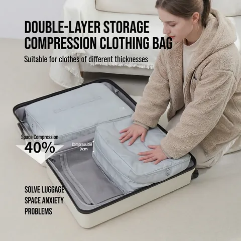 Waterproof Travel Compression Packing Cubes Double Layer Grid Fabric Clothes Storage Bag Luggage Organizer Portable Expandable Bags