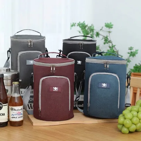 Isolierte Zylindrische Lunchtasche Oxford-Gewebe Thermische Tragbare Picknicktasche Mit Verstellbarem Gurt Für Büro Schule