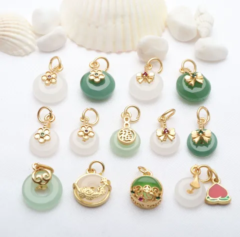 Accesorios de Colgante de Oro Arena Vintage con Hebilla Ping'an Incrustada en Jade Artificial para Hacer Joyas DIY Pulsera Collar