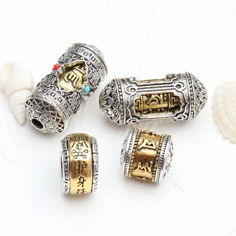 Tibetischer Silberstil Zweifarbiges Sechs-Silben-Mantra Distanzperlen DIY Buddhistisches Armband Kupfer Fassperlen Schmuckzubehör