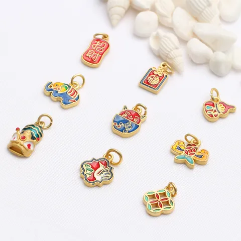 Antiek Zandverguld Emaille Geluksbedeltjes Hangers DIY Sieraden Accessoires Koper Materiaal Gelukstas Olifant Kat Hanger Voor Armbanden