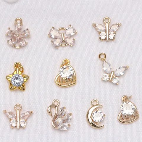 DIY 14K Gold Plated Copper Zirconia Charms Butterfly Heart Star Moon Swan Plum Blossom Pendants For Necklace Bracelet Earring Making Jewelry Accessories