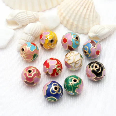 Traditionelle Chinesische Cloisonne Emaille Kupfer Abstandsperlen Rund Poliert Blumenmuster DIY Halskette Armband Schmuckherstellung Zubehör