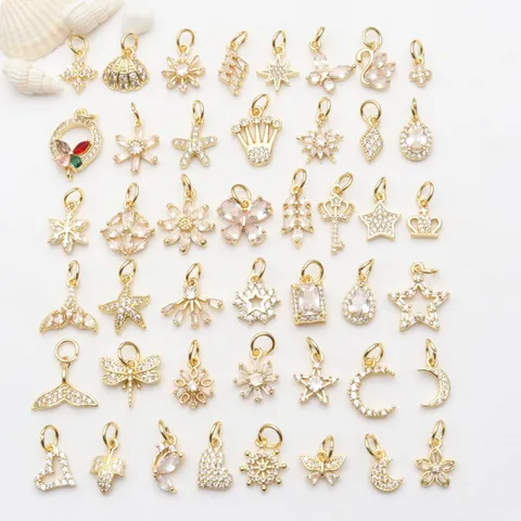 18K Vergoldeter Kupfer Zirkonia Stern Mond Herz Schmetterling Blume Anhänger Für DIY Schmuckherstellung Halskette Ohrringe Zubehör