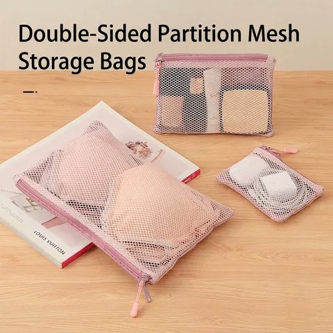 Mesh Storage Bag Double Layer Portable Travel Makeup Pouch Zippered Toiletry Organizer For Cosmetics Stationery Accessories