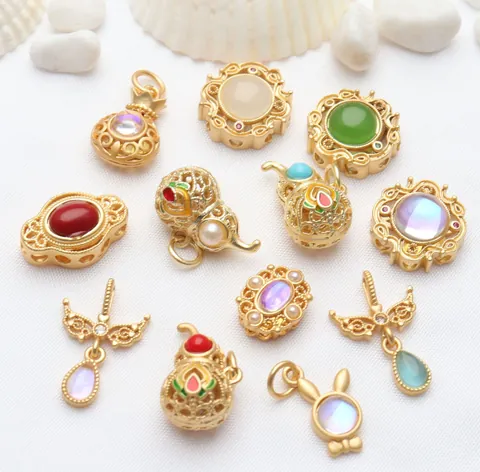 DIY Jewelry Findings Copper Enamel Charms Antique Gold Gourd Rabbit Pendants Rhinestone Artificial Pearl Bracelet Beads For Jewelry Making Women