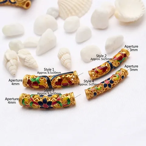Antikgold Cloisonné Lotus Gebogene Röhrenperlen Blumenmuster DIY Schmuckzubehör Für Armband Halskette Damen Bastelzubehör