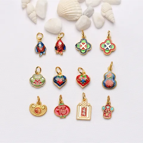 Ethnic Style Ancient Sand Gold Enamel Charms For DIY Bracelet Necklace Making Lucky Koi Fish Gourd Alloy Pendants Findings